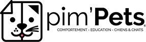 Texte gris clair 'COMPORTEMENT - EDUCATION - CHIENS & CHATS' sur fond noir. Un point rose vif en bas à gauche.
