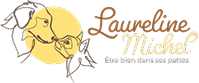 Logo Laureline Michel: deux chiens stylisés se faisant face, fond jaune, avec le slogan 'Être bien dans ses pattes'.