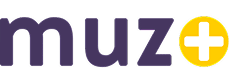 Logo muzo+ avec texte violet et un signe plus blanc dans un cercle jaune vif. Design moderne et épuré sur fond noir.