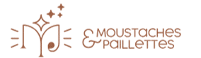 Logo stylisé M/MJ marron scintillant avec note de musique. Texte élégant : MOUSTACHES & PAILLETTES.